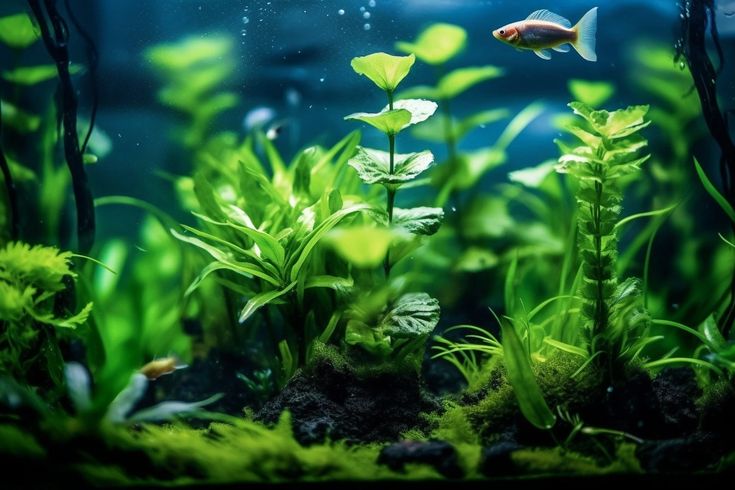 an aquarium filled with green plants and small fish swimming in it's water tank