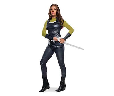 Become your favorite green-skinned alien warrior this Halloween when you put on this deluxe Avengers Endgame Gamora costume! Enter the party wearing this gorgeous get-up and you'll feel fierce and beautiful as ever. Team up with Star Lord, Rocket Raccoon, Groot and the rest of the gang and you'll be taking on Thanos in no time. Buy your Gamora costume today and go make this Halloween a galactic one! Galaxy Costume, Gamora Costume, Leather Gauntlet, Tough Woman, Spandex Shirts, Costume Shirts, Star Lord, The Guardians, Adult Halloween Costumes