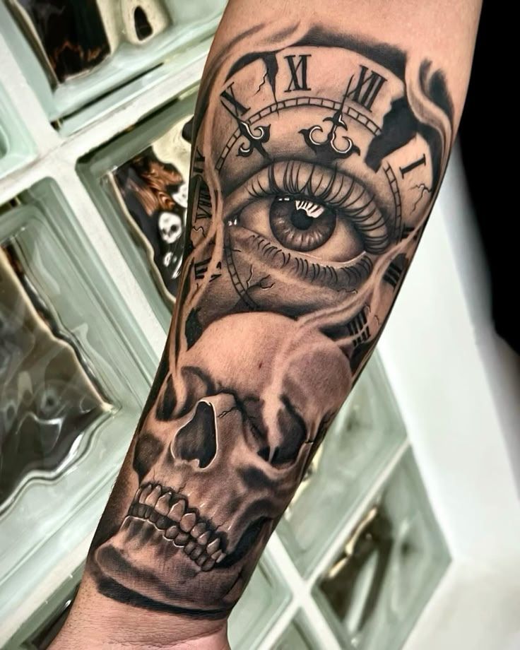 a man's arm with a clock and skull tattoo on it, which has an eye in the middle