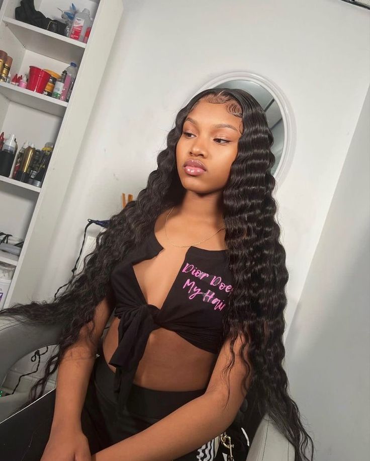 Baddie Crimped Hair, Hair With Crimps, Black Wig With Crimps, 30 Inch Wig With Crimps, Crimped Hair Middle Part, Hair Crimps Black Women, Crimped Frontal Wig, Buss Down Middle Part With Crimps, Long Hair With Crimps Black Women