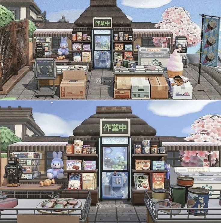 two pictures of the outside of a store with boxes and stuffed animals in front of it