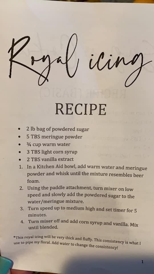 a recipe for royal icing is shown on a piece of white paper with black writing