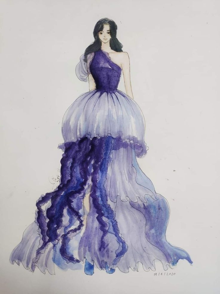 a drawing of a woman in a purple dress