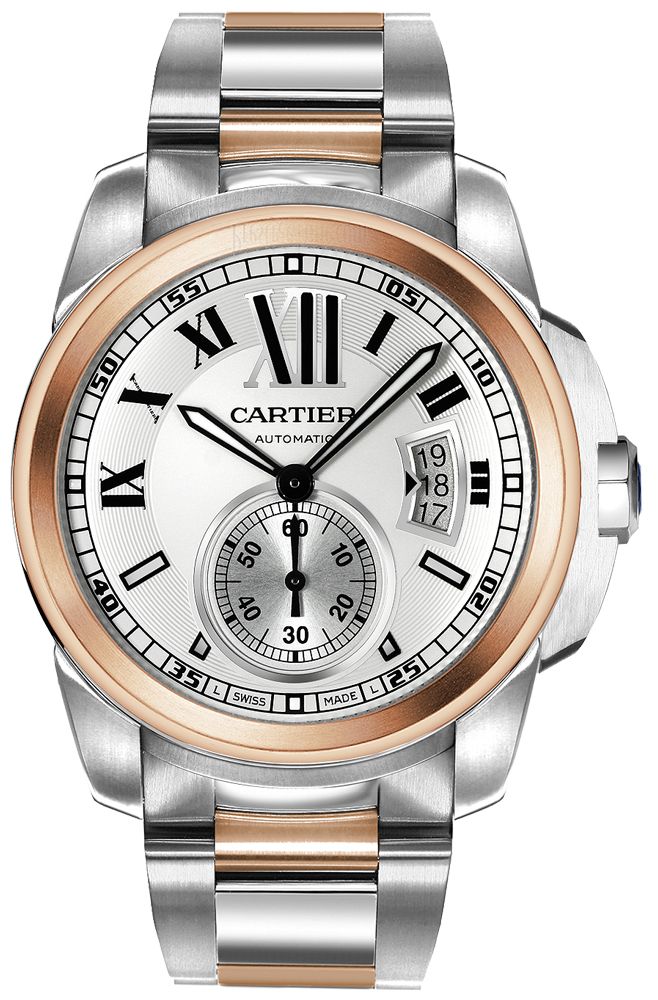 W7100036 | CRW7100036 CALIBRE DE CARTIER MEN'S WATCH - With Manufacturer Serial Numbers - Swiss Made - Silver Dial - Roman Numeral & Index Hour Markers - 60 Second / Minute Markers - Solid 18k Rose Gold Bezel - Date Feature at 3 O'Clock - Small Seconds Sub-Dial at 6 O'Clock - Crown Set with Blue Synthetic Faceted Spinel - Self-winding Automatic Movement - Cartier Caliber 1904-PS MC - Vibrations Per Hour: 28,800 - Jewels: 27 - 3 Year Warranty - Guaranteed Authentic - Certificate of Authenticity - Manufacturer Box & Manual - Brushed with Polished Stainless Steel Case - Brushed with Polished Solid 18k Rose Gold & Stainless Steel Bracelet - Scratch Resistant Sapphire Crystal - 30 Meters / 100 Feet Water-Resistant - 42mm = 1 5/8" Case - Will Fit Up to 7.25" Wrist - Case Thickness: 10mm - Fixed Cartier Silver, Cartier Watches Mens, Cartier Calibre, Mens Rose Gold Watch, Pretty Watches, Round Watch, Crown Set, Cartier Santos, Automatic Watches For Men