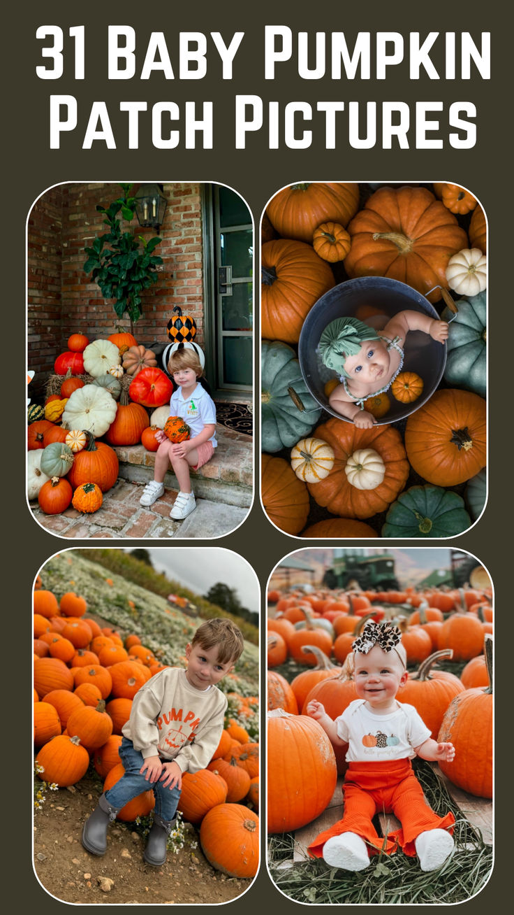 A collage of adorable babies sitting and playing in a pumpkin patch surrounded by fall decorations like hay bales, colorful pumpkins, and autumn leaves. Pumpkin Patch Photoshoot Baby, Pumpkin Patch Pictures Baby, Baby Pumpkin Patch Pictures, Baby Pumpkin Patch, Autumn Family Photoshoot, Baby Photo Ideas, Pumpkin Patch Pictures, Baby Pumpkin, Baby In Pumpkin