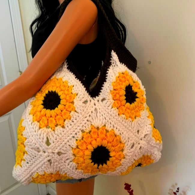 Handmade Crochet One Of A Kind Lined White Square Crochet Bag For Vacation, Yellow Casual Crochet Bag For Spring, Casual Yellow Crochet Bag For Spring, Casual Yellow Crochet Bag For Summer, White Square Crochet Bag For Beach, White Square Crochet Beach Bag, Casual Yellow Handmade Straw Bag, Spring Square Yellow Shoulder Bag, Spring Yellow Square Shoulder Bag