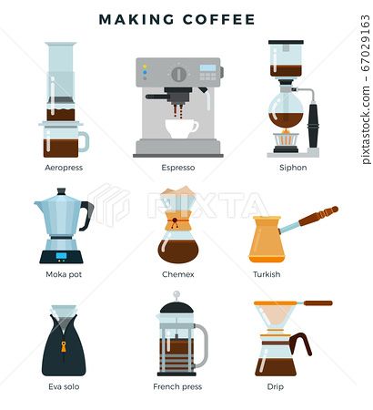 different types of espresso machines and their preparations for making coffee in flat style