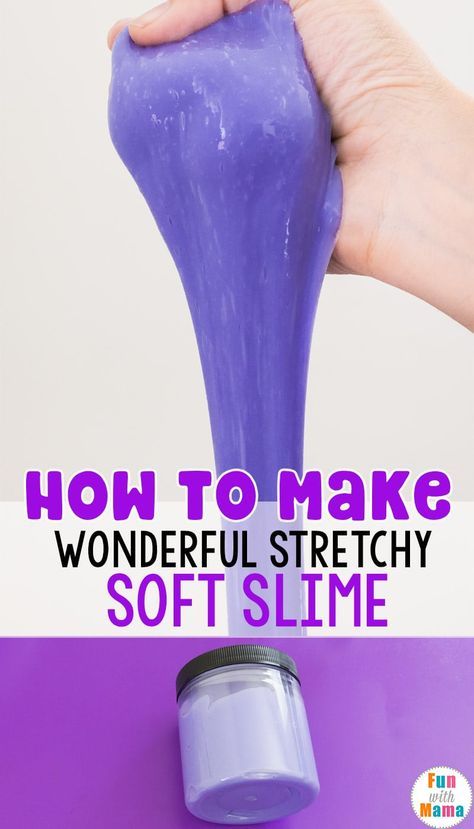 a person holding a purple object with the words how to make wonderful stretchy soft slime