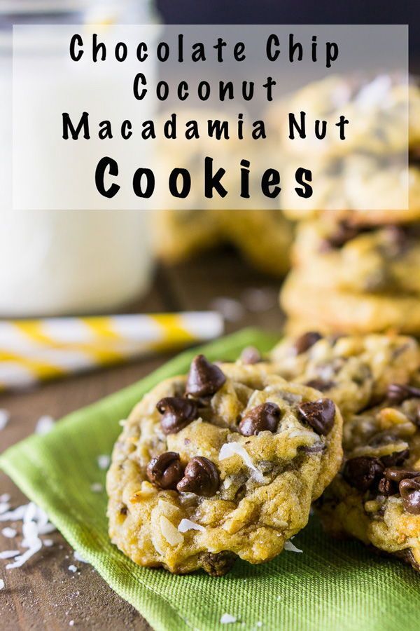 chocolate chip coconut macadamia nut cookies on a green napkin