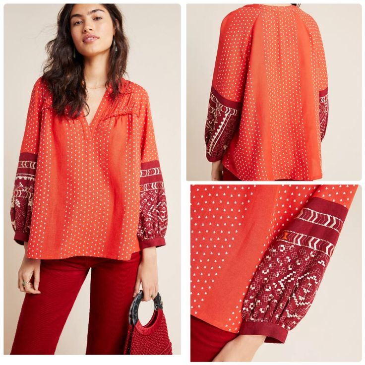 Anthropologie Vineet Bahl Nora Peasant Top Size Xs Details: Anthro By Vineet Bahl /Woven By Hand - Never Out Of A Mould / Rayon, Cotton, Linen / Embroidered Detail / Puffed Sleeves / Spliced Neck /Pullover Styling / Dry Clean Color Bohemian Long Sleeve Bandhani Tops, Embroidered V-neck Peasant Top For Fall, Bohemian Bandhani Print Long Sleeve Tops, Multicolor Embroidered Long Sleeve Peasant Top, Multicolor Embroidered Peasant Top, Fall Embroidered V-neck Peasant Top, Summer Embroidered V-neck Peasant Top, Anthropologie Top, Peasant Top