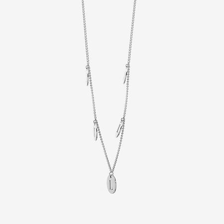 Features: Nickel FreeJewelry Closure: Lobster ClaspLink Construction: SolidMetal Color: WhiteChain Length: 16 InchChain Width: 1.2 MillimetersChain Gauge: 014Extender Length: 2 InchPendant Length: 8.6mmChain Construction: CurbCare: Wipe CleanMetal: Sterling SilverNecklace Type: Name NecklacesOwned & Founded: Women Owned/FoundedAssembled in the US from Imported Materials White Gold Necklace With Delicate Chain, White Gold Minimalist Dangle Necklaces, Silver Minimalist Chain Necklace With Charms, White Gold Dangle Necklaces With Adjustable Chain, White Gold Necklace With Charms, Minimalist Stainless Steel Necklaces With Charms, Minimalist White Gold Metal Necklace, Modern Metal Necklaces With Charms, Silver Chain Jewelry With Initial Pendant