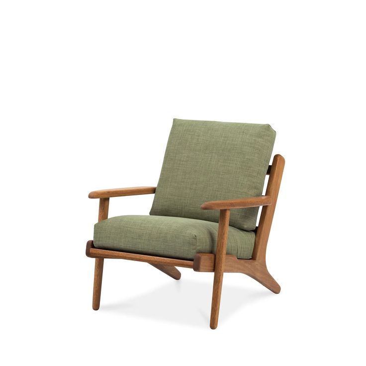 a wooden chair with green upholstered seat and armrests on an isolated white background