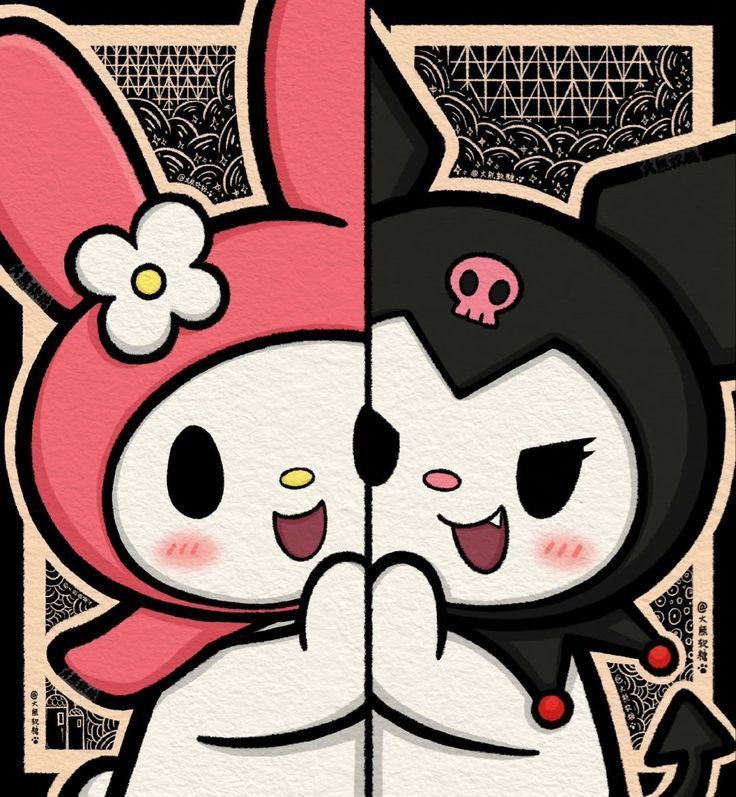 two cartoon characters hugging each other in front of a black and white background with pink accents