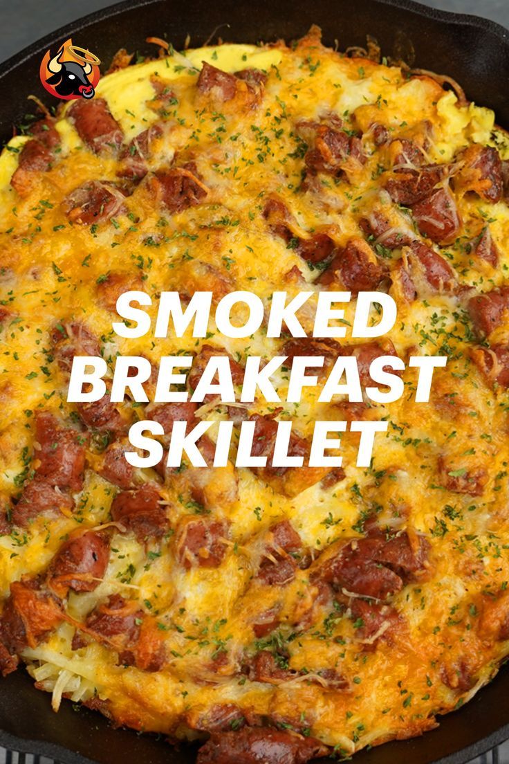 the words smoked breakfast skillet are in white letters