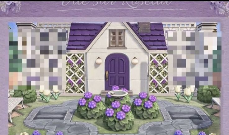 a painting of a house with purple flowers in the front yard