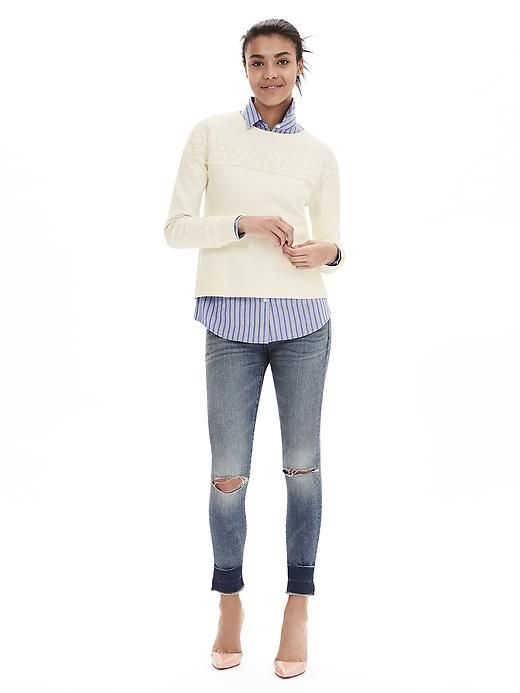 Our cream French Terry pullover sweater is a great addition to any winter outfit. The subtle lace trim makes it easy to dress up for a warm and sophisticated style | Banana Republic Fall Crew Neck Sweater With Lace Trim, Spring Sweater With Lace Trim For Layering, Winter Layering Sweater With Lace Trim, Fall Sweater With Lace Trim For Layering, Stretch Pointelle Knit Sweater For Work, Classic Long Sleeve Pointelle Knit Tops, Fall Knit Top With Lace Trim, Fall Lace Trim Knit Top, Casual Long Sleeve Sweater With Lace Trim