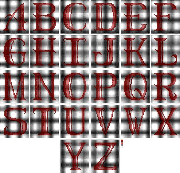 a cross stitch alphabet with the letters in red