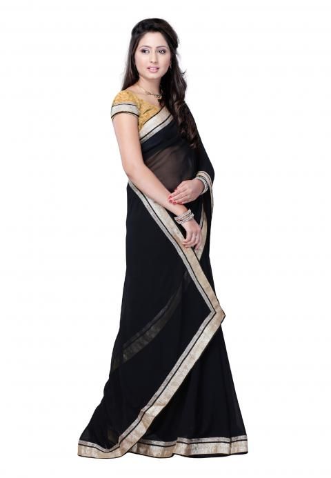 Look stunnung in this black #chiffon designer #saree with #gold and #silver trim border.  A saree that will make you mnore adorable to your loved one.  Grab it from #desiclik Elegant Chiffon Lehenga For Diwali, Elegant Chiffon Lehenga With Sheer Dupatta, Formal Georgette Choli With Dupatta, Wedding Pre-draped Georgette Saree With Border, Elegant Chiffon Saree For Wedding, Elegant Chiffon Traditional Wear For Wedding, Anarkali Pre-draped Saree With Embroidered Border For Party, Anarkali Style Pre-draped Saree With Border For Wedding, Festive Georgette Blouse Piece With Border