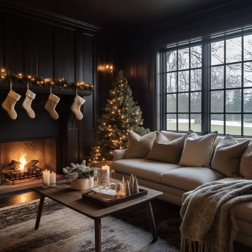 a living room decorated for christmas with stockings on the wall and lights hanging from the fireplace