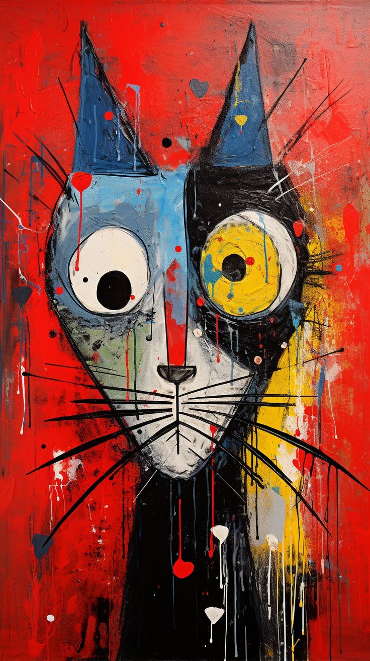 a painting of a cat with big eyes on it's face and red background