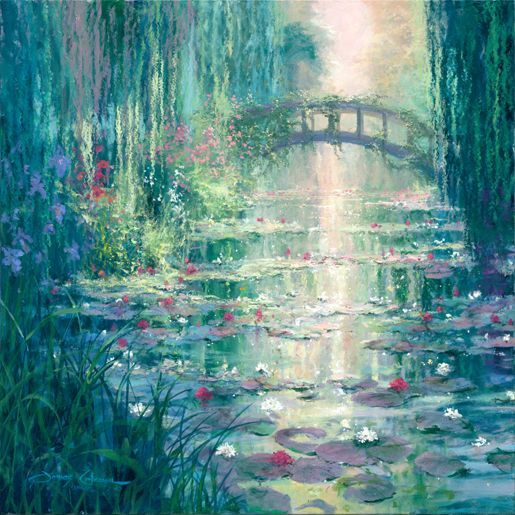 a painting of water lilies and a bridge