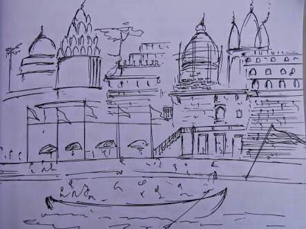 a drawing of a boat on the water in front of a large city with tall buildings