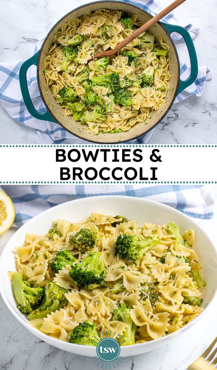 broccoli and noodles in a white bowl on a marble counter top with the words bowties & broccoli above it