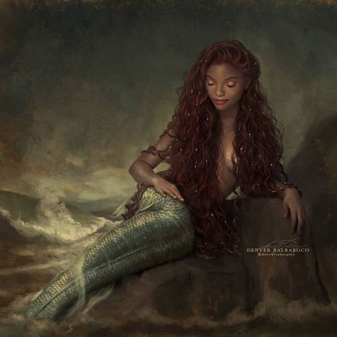 a painting of a mermaid sitting on top of a rock