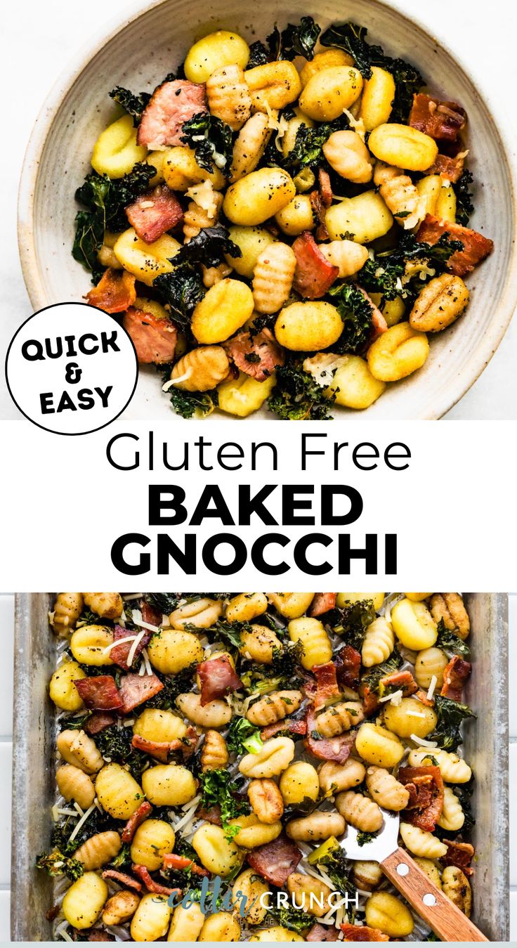 gnocchi with bacon and spinach in a bowl next to the recipe title