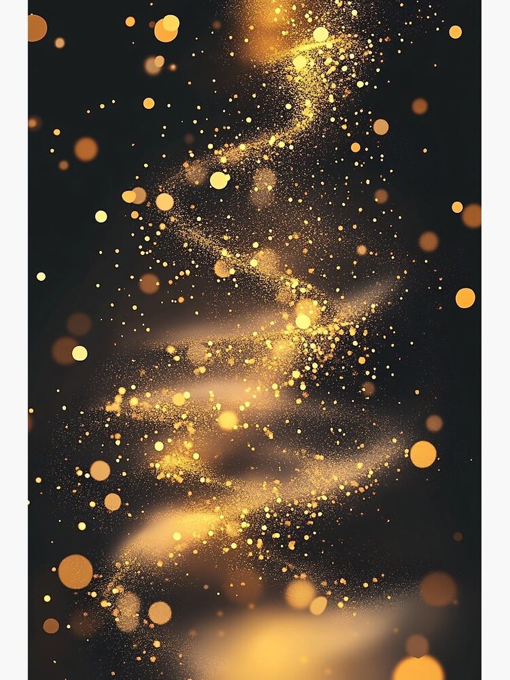 a gold glitter christmas tree on a black background with golden lights in the air and snow flakes all around it