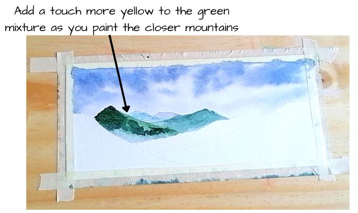 an art project with watercolors and paper on the table, showing how to paint mountains