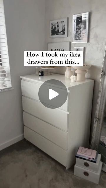 a white dresser sitting in a bedroom next to a window with the words how i took my ikea drawers from this