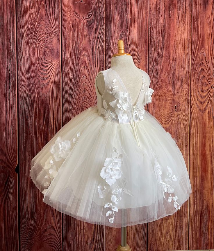 Ivory Floral Embroidery Tulle V-back Classic Flower Girl - Etsy White Princess Dress With Floral Applique For First Communion, White Floral Applique Tutu Dress For First Communion, White Floral Applique First Communion Dress, White Tutu Dress With Floral Applique For First Communion, Sleeveless Floral Applique First Communion Dress, White Sleeveless Princess Dress With Floral Applique, Tulle Baptism Dress With Floral Applique For First Communion, Tulle Princess Dress With Floral Applique For First Communion, Cream Princess Style Sleeveless Baptism Dress