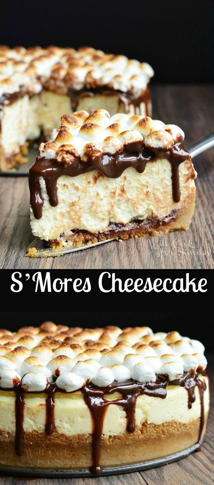 there is a cheesecake with chocolate sauce and marshmallows on the top