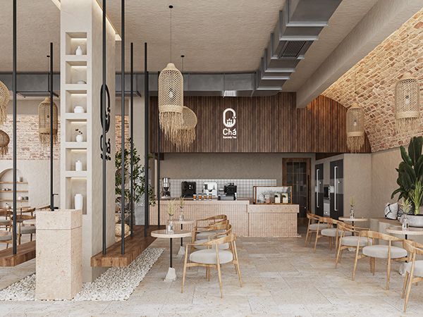 the interior of a restaurant with tables, chairs and plants in pots hanging from the ceiling