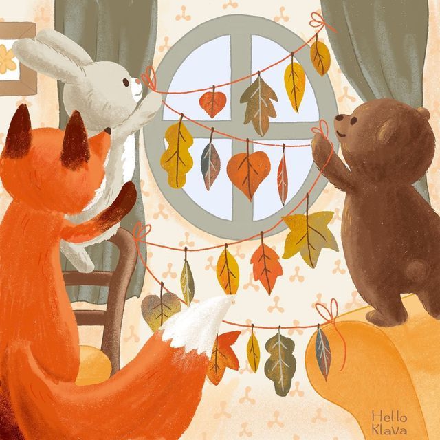 an illustration of two bears and a fox in front of a window with leaves on it