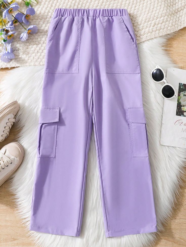 Mauve Purple Casual Collar  Fabric Plain Cargo Pants Embellished Non-Stretch  Tween Girls Clothing Purple Cargo Pants Outfit, Purple Cargo Pants, Pants Embellished, Waist Cargo Pants, Shein Kids, Casual Outfits For Teens, Cargo Pants Outfit, Mauve Purple