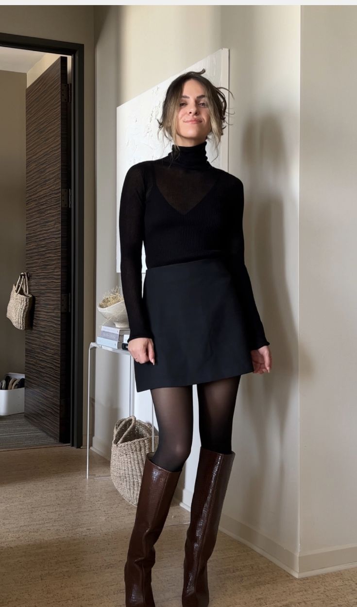 Tall Classy Women, Autumn Outfits Evening, Fall Outfits Size 6-8, Leather Skirt Tall Boots Outfit, Chelsea Boot Work Outfit Women, Long Boots Work Outfit, Boots To Work Office, Fall Night Outfits Going Out, Black Mini Skirt Tall Boots Outfit