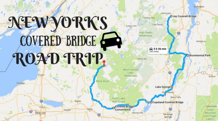 a map with the words new york's covered bridge and road trip on it