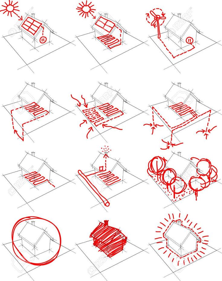 a bunch of drawings that are on top of a white surface with red lines in it