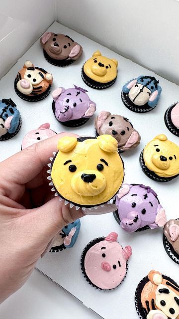 a person is holding a cupcake in front of many small cupcakes