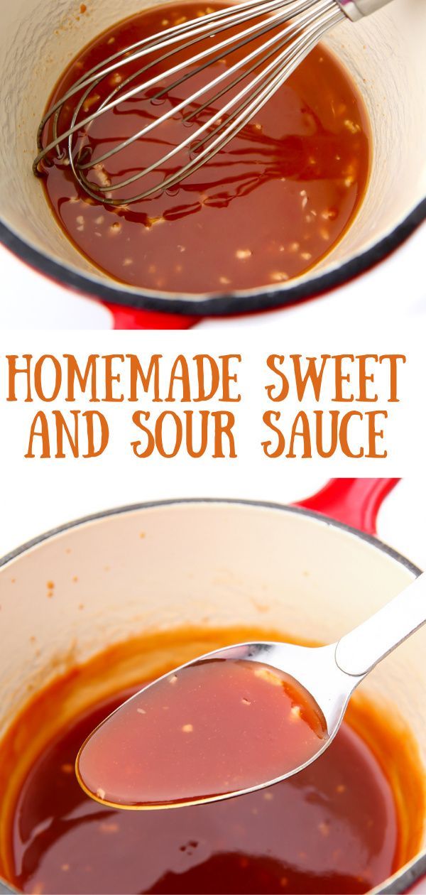 homemade sweet and sour sauce in a pot with a whisk