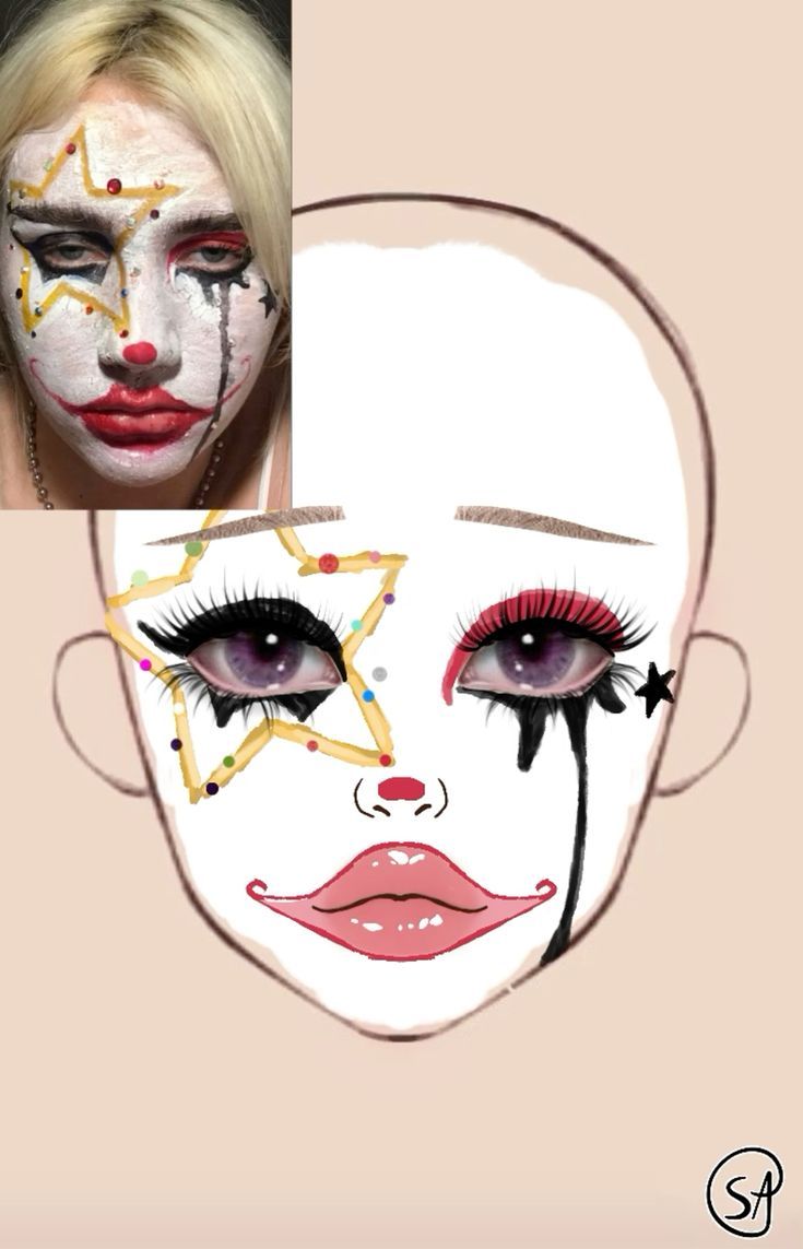 Fun Make Up Ideas, Clown Makeup Looks Drawing, Cute Clown Makeup, Exotic Makeup, Makeup Charts, Makeup Drawing, Makeup Face Charts, Pride Makeup, Face Paint Makeup