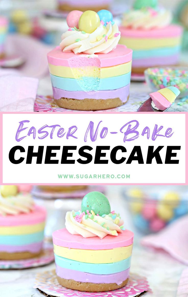 an easter no - bake mini cheesecake is shown with the words, easter no - bake mini cheesecakes