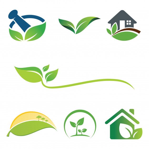 four different logos with green leaves and houses