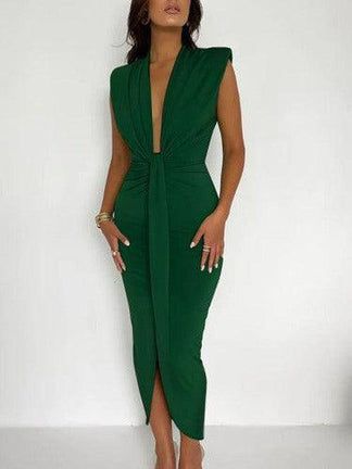 Sexy Deep V-Neck Side Split Slim Maxi Dress – SHExFAB Green Sleeveless V-neck Dress For Evening, Green Stretch V-neck Dress, Chic Green Bodycon Evening Dress, Stretch V-neck Midi Dress For Evening, Chic Green V-neck Bodycon Dress, Green V-neck Bodycon Dress For Date Night, Green V-neck Dress For Night Out, Green V-neck Cocktail Dress, Fitted Green V-neck Party Dress