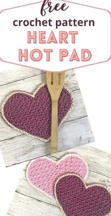 two crocheted heart coasters with text overlay reading free crochet pattern heart hot pad