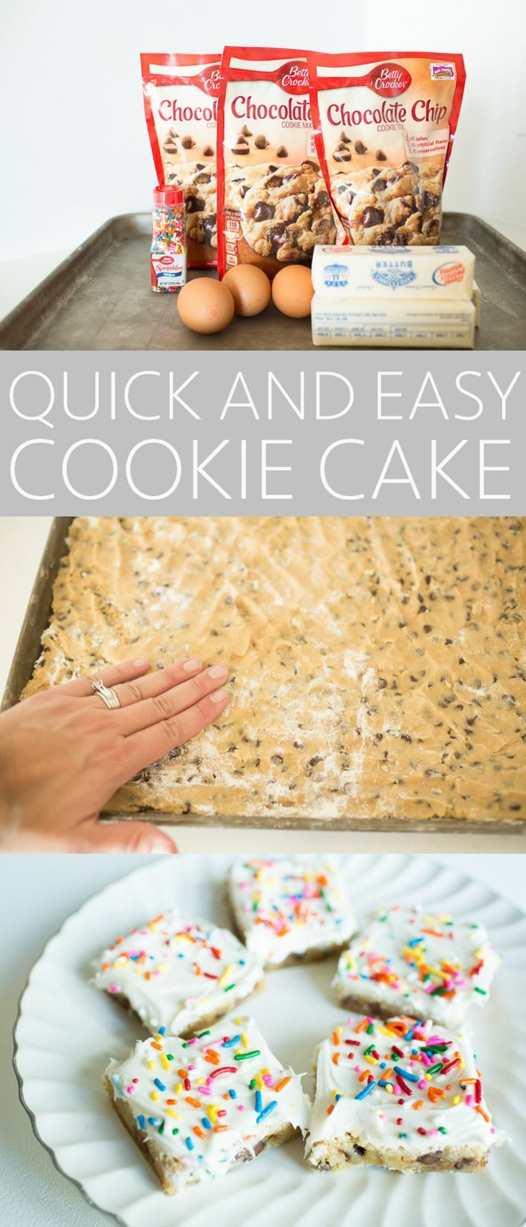 quick and easy cookie cake with sprinkles on the top, then cut into squares