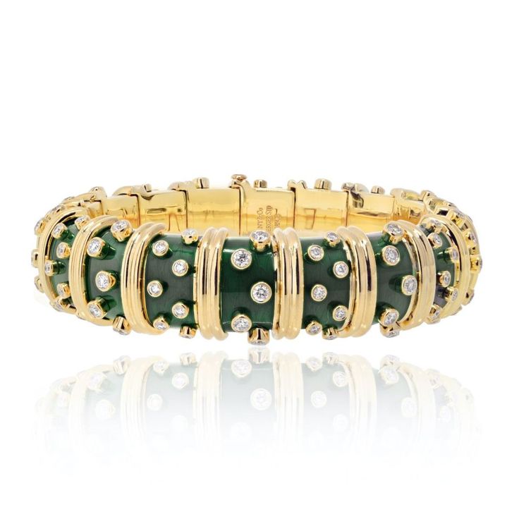 Jean Schlumberger, Modern Bangle, Yellow Jewelry, French Jewelry, Enamel Bangle, Diamond Bangles Bracelet, Tiffany And Co, Diamond Bangle, Green Enamel