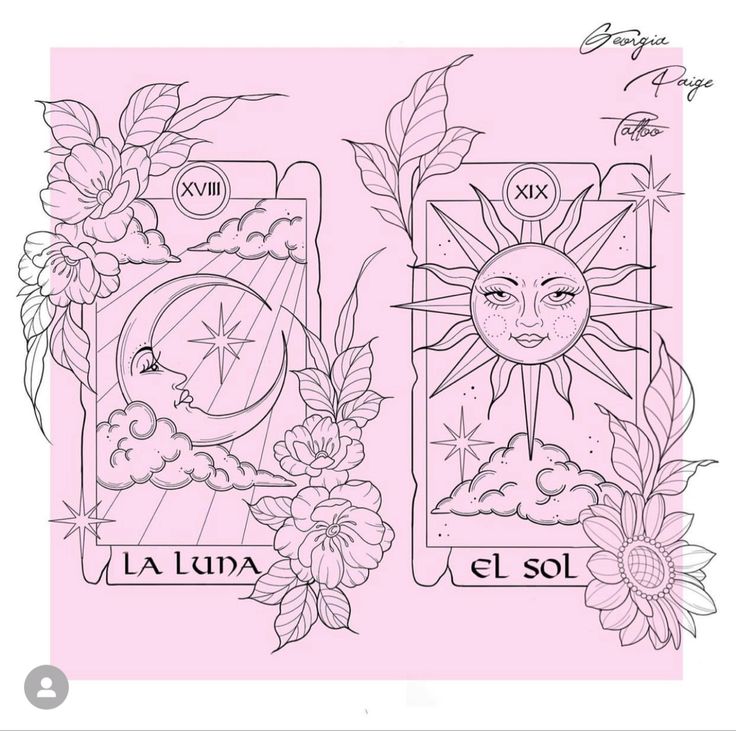 the sun and moon tarot cards with flowers on them are drawn in black ink